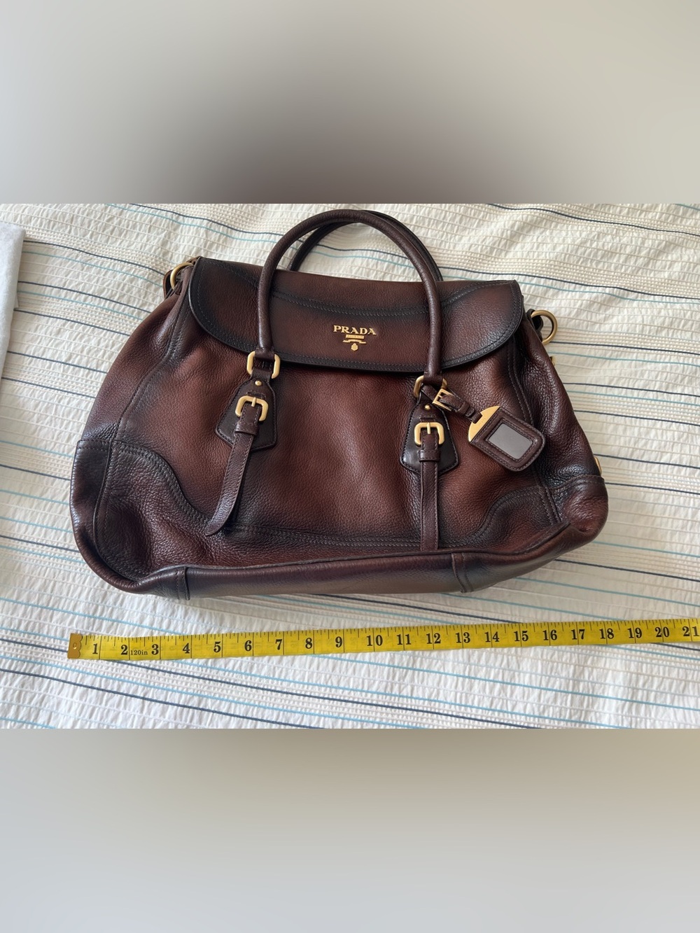 Prada Brown Pebbled Leather Top-Handle/Shoulder Bag/Tote with Gold Hardware - Picture 9 of 16